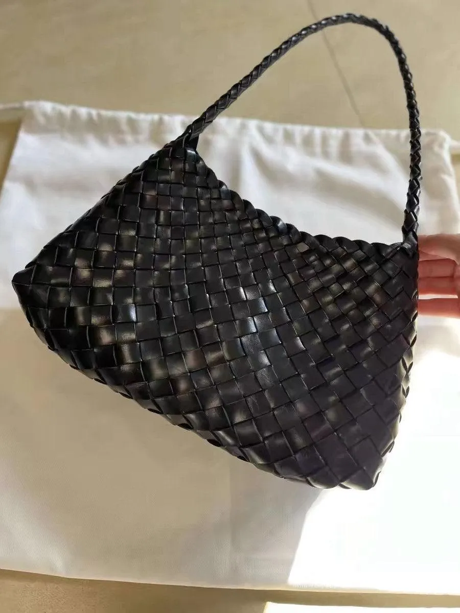 Italy Leather Woven Hobo Shoulder Bag | Interwoven Summer Beach Bag, Full Grain Leather Triple Jump Bamboo HandBag, Handcrafted Basket Bag