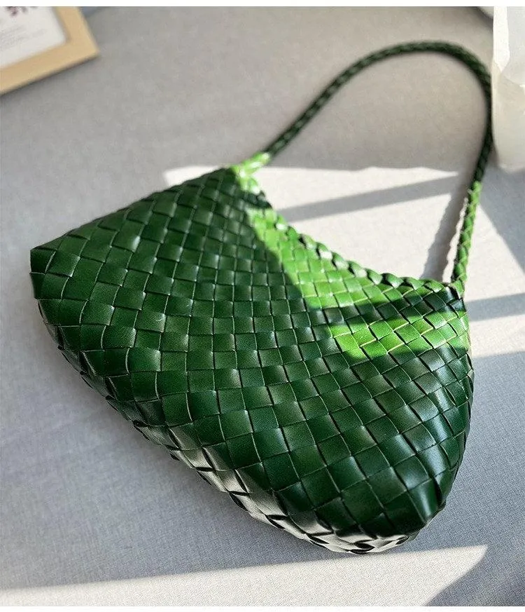 Italy Leather Woven Hobo Shoulder Bag | Interwoven Summer Beach Bag, Full Grain Leather Triple Jump Bamboo HandBag, Handcrafted Basket Bag