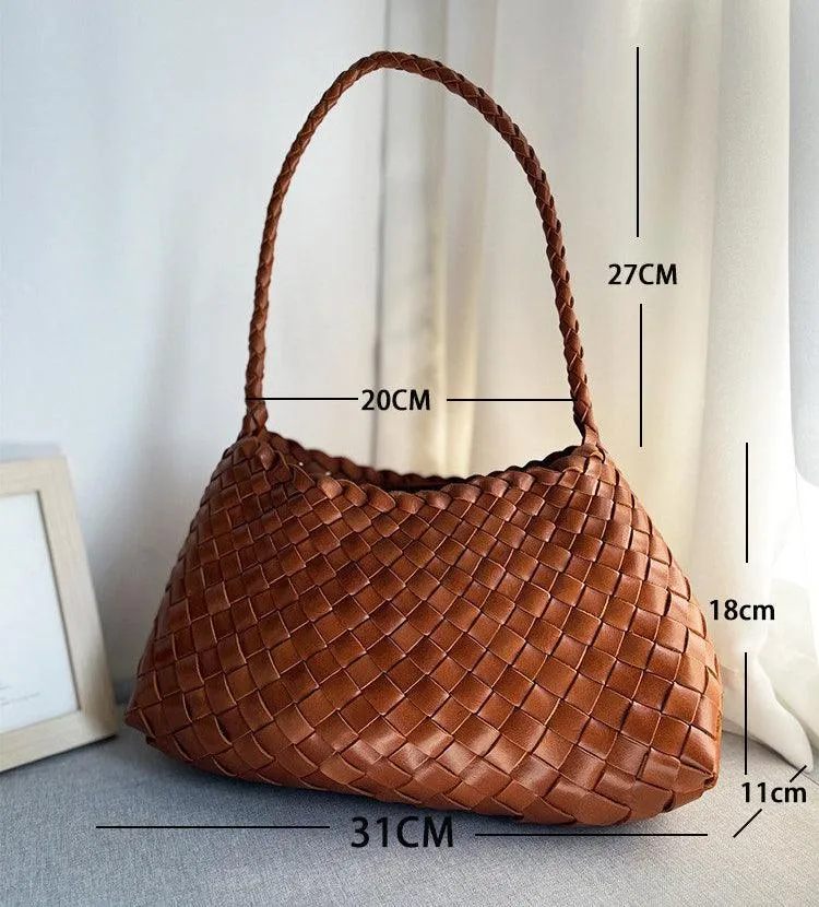 Italy Leather Woven Hobo Shoulder Bag | Interwoven Summer Beach Bag, Full Grain Leather Triple Jump Bamboo HandBag, Handcrafted Basket Bag