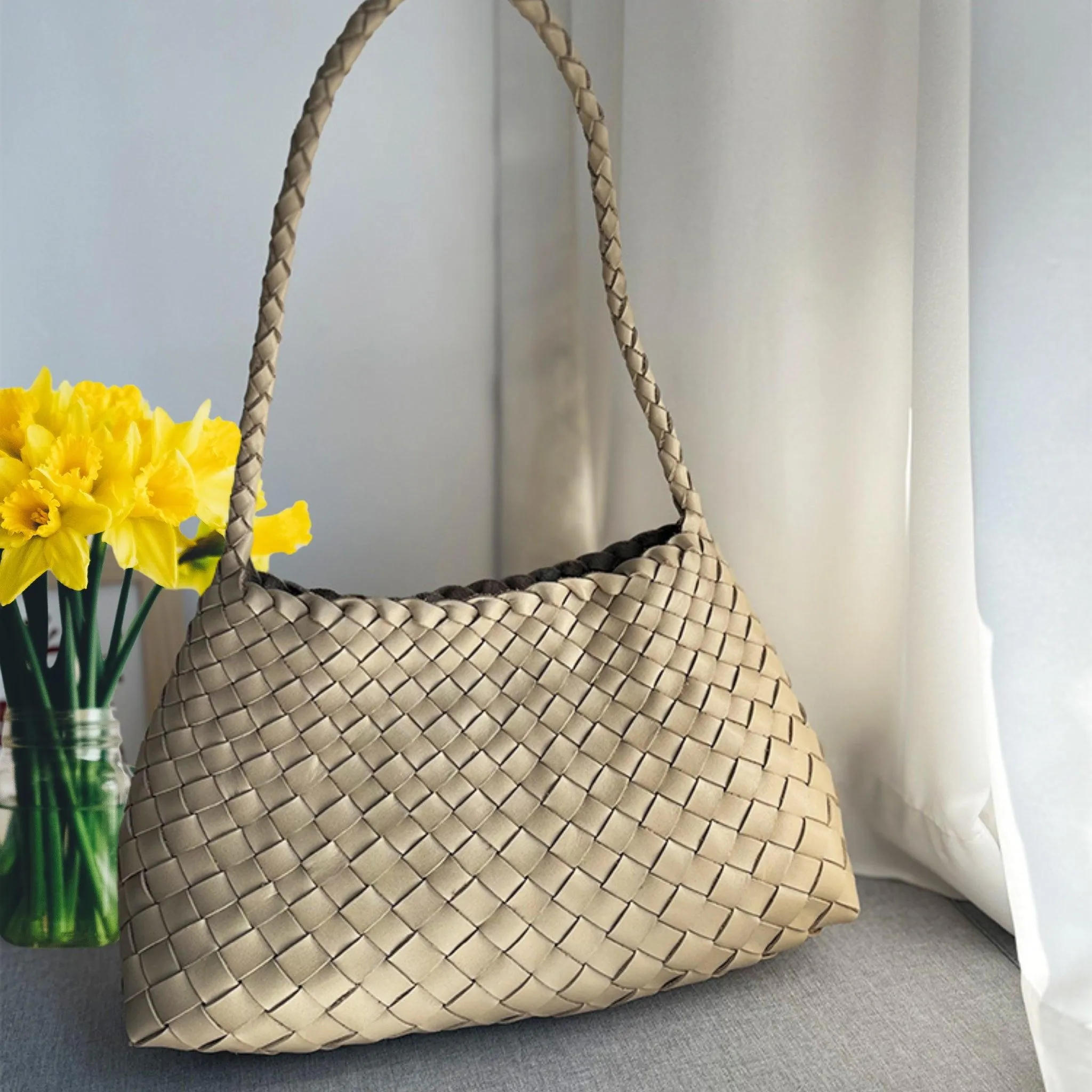 Italy Leather Woven Hobo Shoulder Bag | Interwoven Summer Beach Bag, Full Grain Leather Triple Jump Bamboo HandBag, Handcrafted Basket Bag