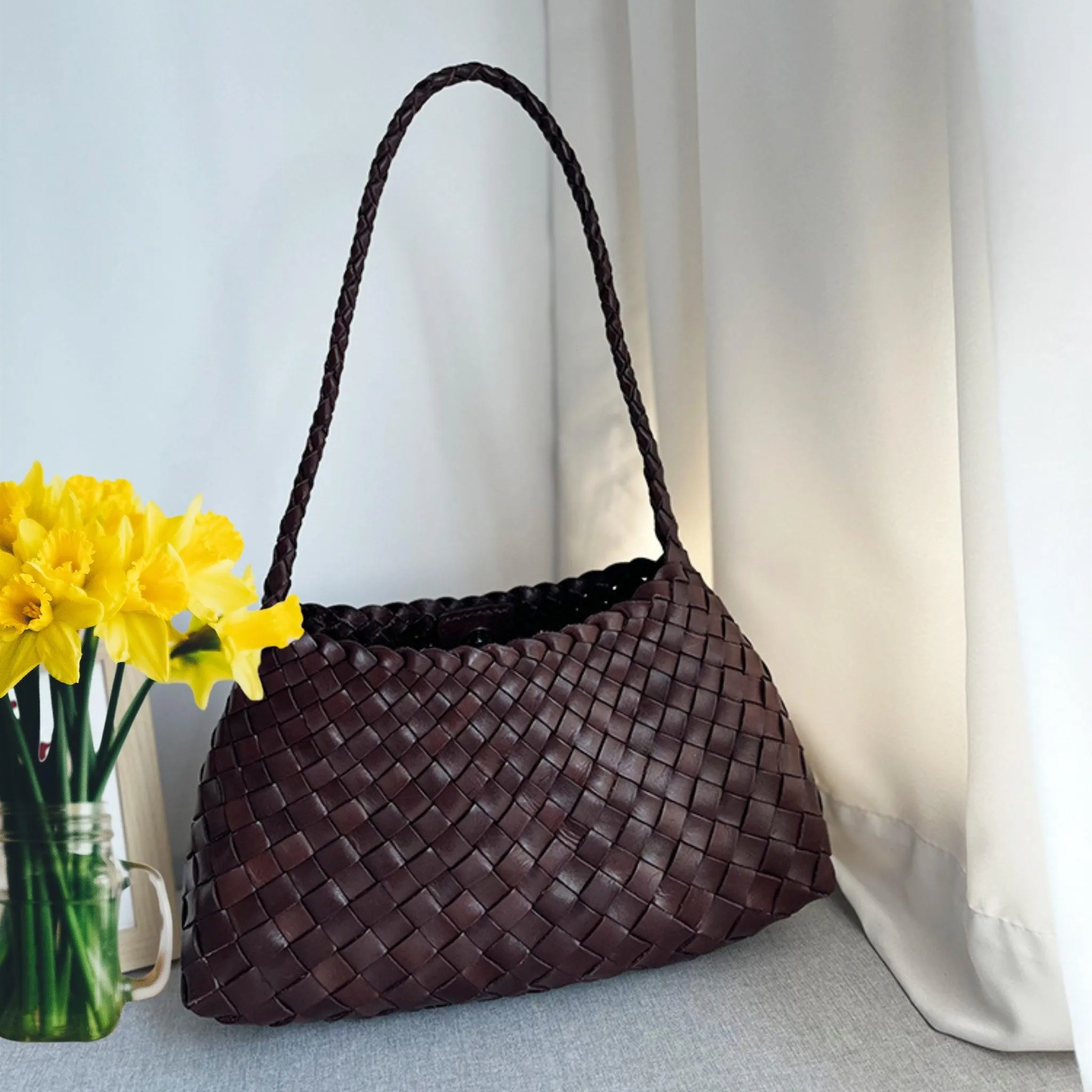 Italy Leather Woven Hobo Shoulder Bag | Interwoven Summer Beach Bag, Full Grain Leather Triple Jump Bamboo HandBag, Handcrafted Basket Bag