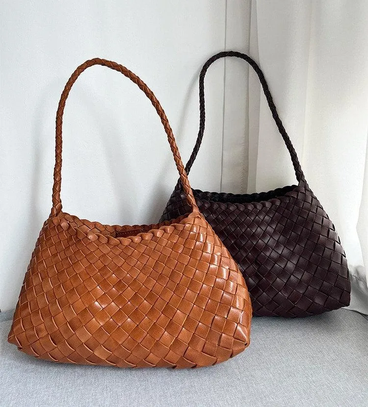 Italy Leather Woven Hobo Shoulder Bag | Interwoven Summer Beach Bag, Full Grain Leather Triple Jump Bamboo HandBag, Handcrafted Basket Bag