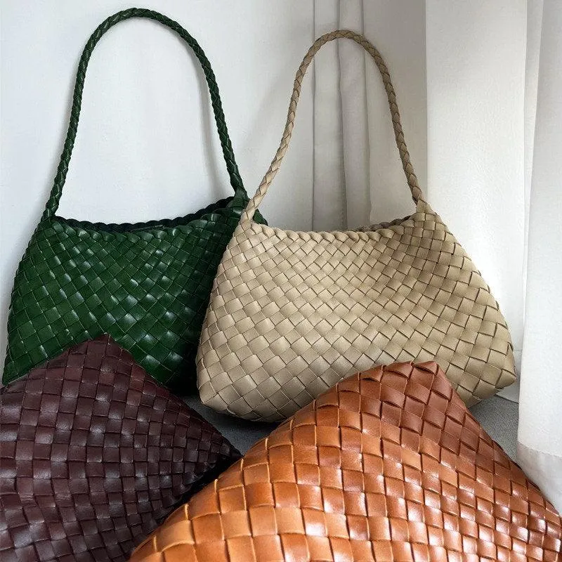 Italy Leather Woven Hobo Shoulder Bag | Interwoven Summer Beach Bag, Full Grain Leather Triple Jump Bamboo HandBag, Handcrafted Basket Bag
