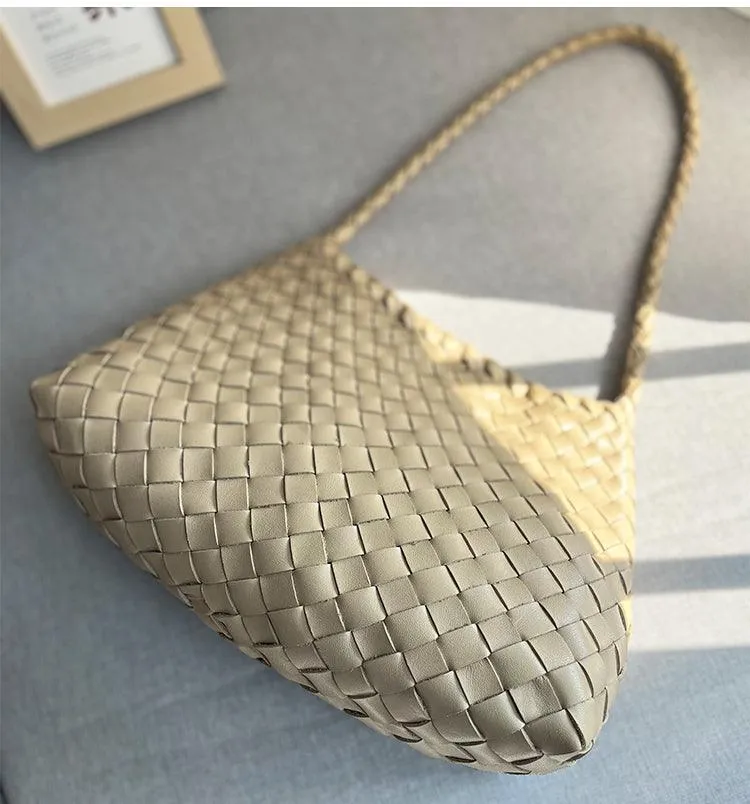 Italy Leather Woven Hobo Shoulder Bag | Interwoven Summer Beach Bag, Full Grain Leather Triple Jump Bamboo HandBag, Handcrafted Basket Bag