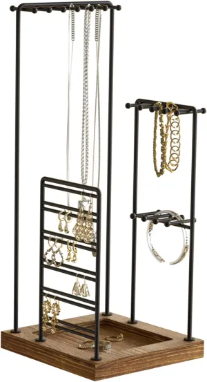 J JACKCUBE DESIGN Jewelry Organizer Stand Black Metal Tree Display Holder with Rustic Wood Tray for Necklaces, Earrings, Bracelets, and Rings - MK640 (Black)