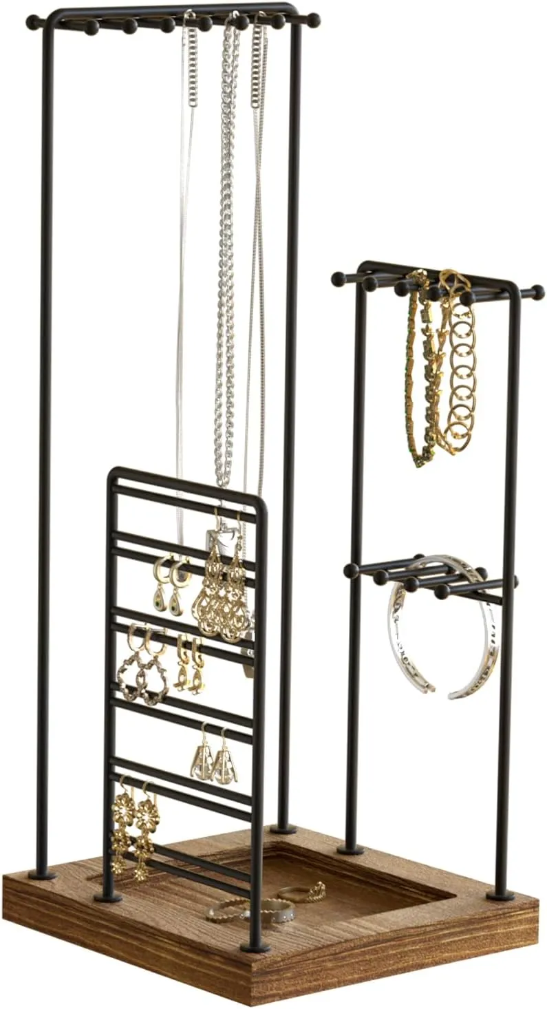 J JACKCUBE DESIGN Jewelry Organizer Stand Black Metal Tree Display Holder with Rustic Wood Tray for Necklaces, Earrings, Bracelets, and Rings - MK640 (Black)