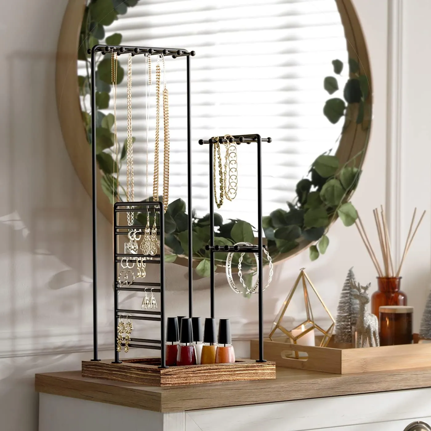 J JACKCUBE DESIGN Jewelry Organizer Stand Black Metal Tree Display Holder with Rustic Wood Tray for Necklaces, Earrings, Bracelets, and Rings - MK640 (Black)