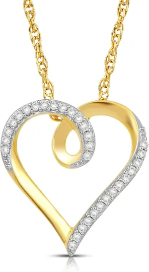 Jewelili 10K Yellow Gold Heart Pendant Necklace for Women | 1/10 CTTW Natural White Round Diamonds | 18" Rope Chain | Luxury Jewelry with Gift Box | Timeless Fashion Jewelry Gift for Her