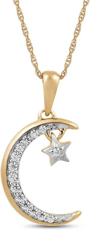 Jewelili 10K Yellow Gold Moon Star Pendant Necklace for Women | 1/10 CTTW Natural White Round Diamonds | 18" Rope Chain | Fine Jewelry with Gift Box | Timeless Fashion Jewelry Gift for Her