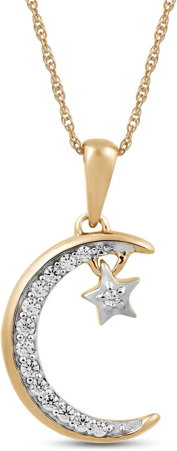 Jewelili 10K Yellow Gold Moon Star Pendant Necklace for Women | 1/10 CTTW Natural White Round Diamonds | 18" Rope Chain | Fine Jewelry with Gift Box | Timeless Fashion Jewelry Gift for Her