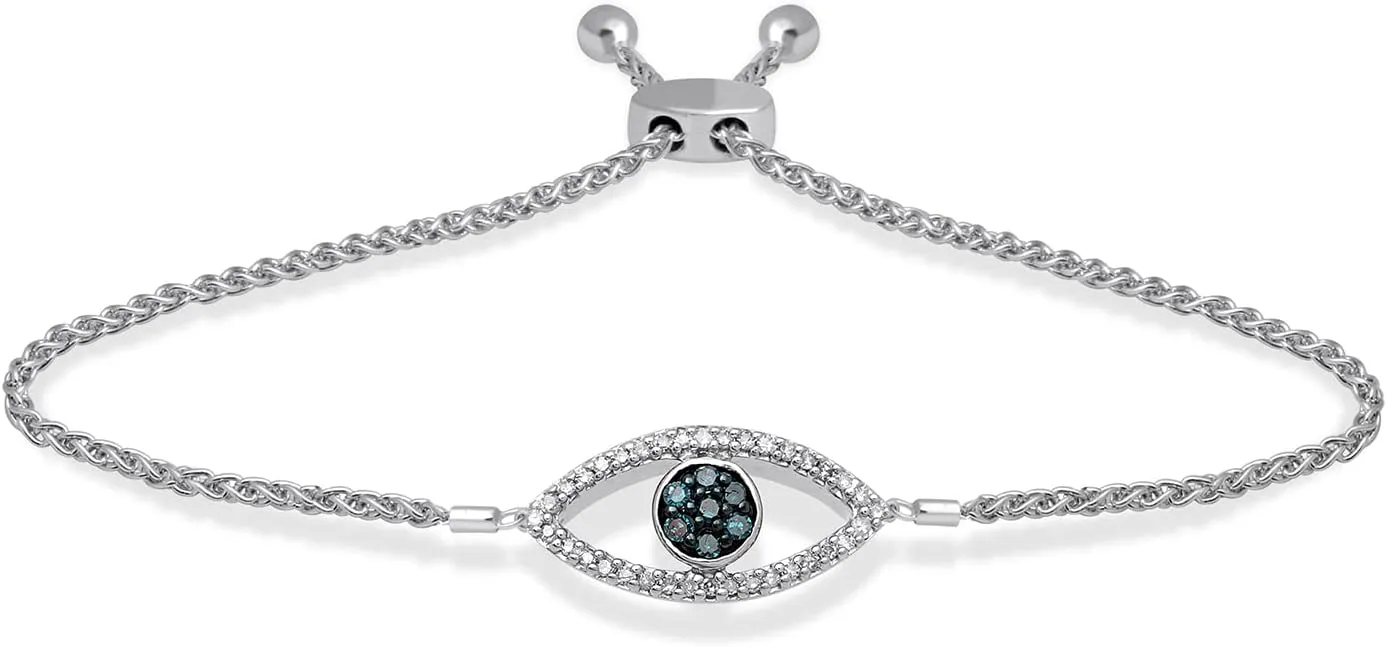 Jewelili Sterling Silver Cross, Infinity, Evil Eye and Love Bolo Bracelet fo Women | 1/10 CTTW Natural White Round Diamonds | Wheat Chain | Fine Jewelry with Gift Box | Timeless Fashion Jewelry Gift for Her