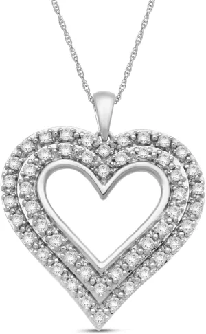 Jewelili Sterling Silver Heart Pendant Necklace for Women | 1 CTTW Natural White Round Diamonds | 18" Rope Chain | Luxury Jewelry with Gift Box | Timeless Fashion Jewelry Gift for Her