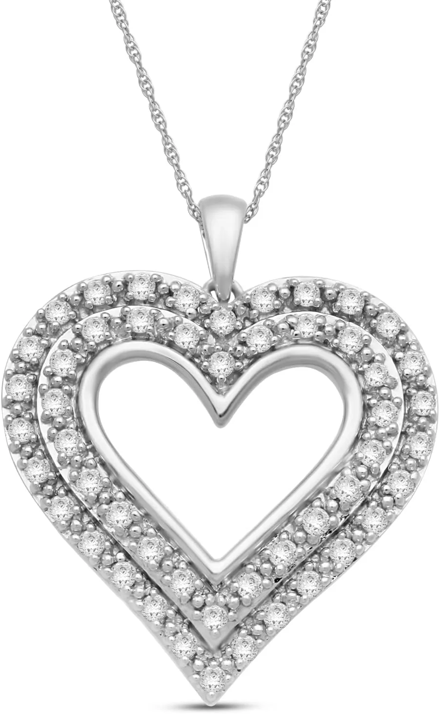 Jewelili Sterling Silver Heart Pendant Necklace for Women | 1 CTTW Natural White Round Diamonds | 18" Rope Chain | Luxury Jewelry with Gift Box | Timeless Fashion Jewelry Gift for Her