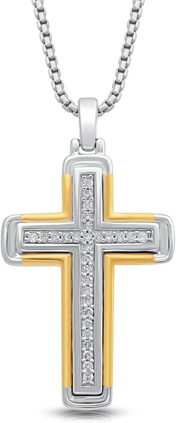 Jewelili Yellow Gold over Sterling Silver Cross Pendant Necklace for Men | 1/5 CTTW Natural White Round Diamonds | 18" Box Chain | Luxury Jewelry with Gift Box | Timeless Fashion Jewelry Gift for Her