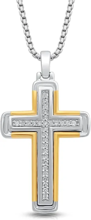 Jewelili Yellow Gold over Sterling Silver Cross Pendant Necklace for Men | 1/5 CTTW Natural White Round Diamonds | 18" Box Chain | Luxury Jewelry with Gift Box | Timeless Fashion Jewelry Gift for Her