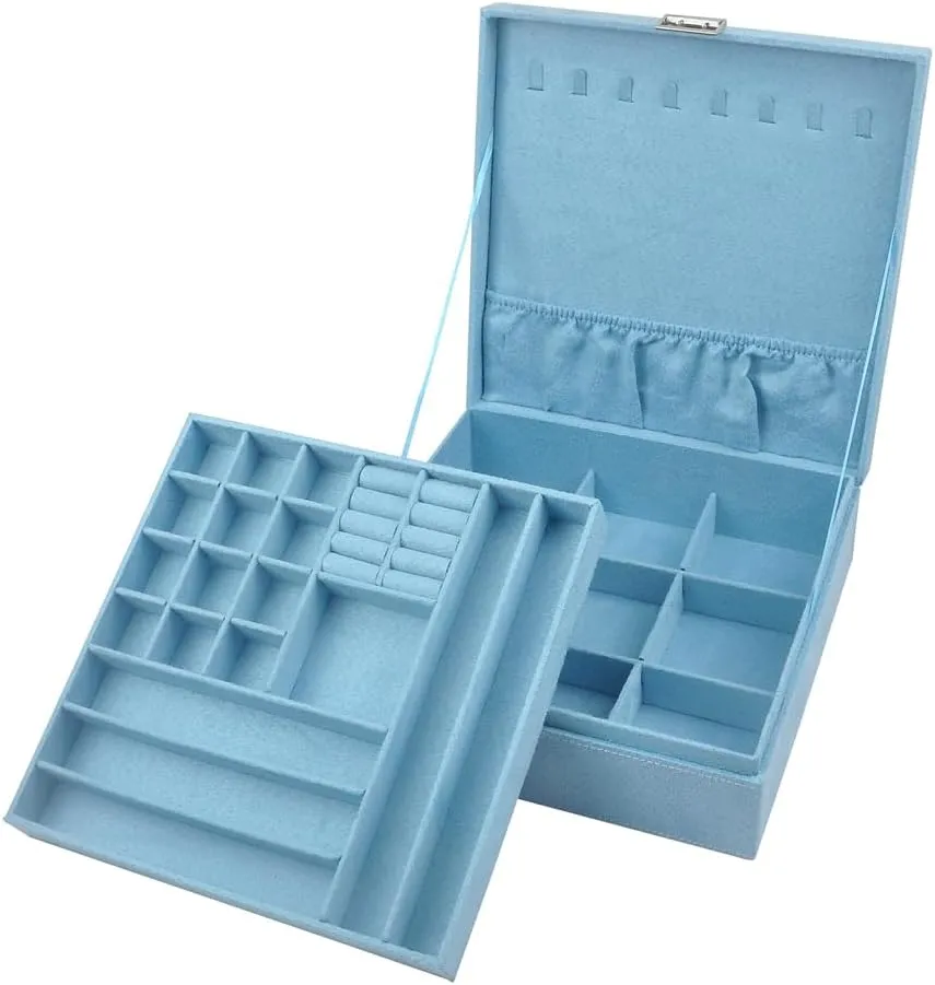 Jewelry Boxes 10 x 10 Inches 2-layer Handle Necklace Holder Organizer Jewellery Women Rings Storage Display Girls Earrings Case Lockable Jewelry Tray Blue GY641 (Blue, 2 Layer (3.34" H))