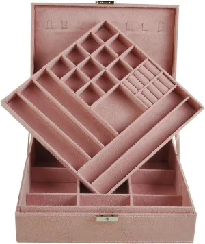 Jewelry Boxes 10 x 10 Inches 2-layer Handle Necklace Holder Organizer Jewellery Women Rings Storage Display Girls Earrings Case Lockable Jewelry Tray GY641 (Pink)