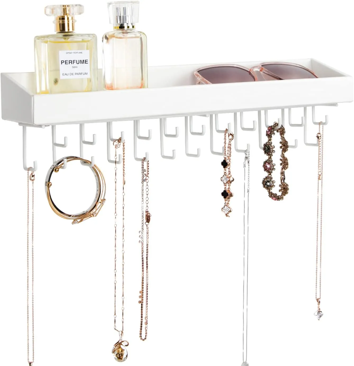 Jewelry Organizer Necklace Holder with 23 Hooks, Wall Mounted Necklaces Bracelet Earrings Ring Holder Hanger with Shelf for Perfume Aesthetic Room Decor (White, 14.37 x 2.95 x 3.86 inches) - MK208C