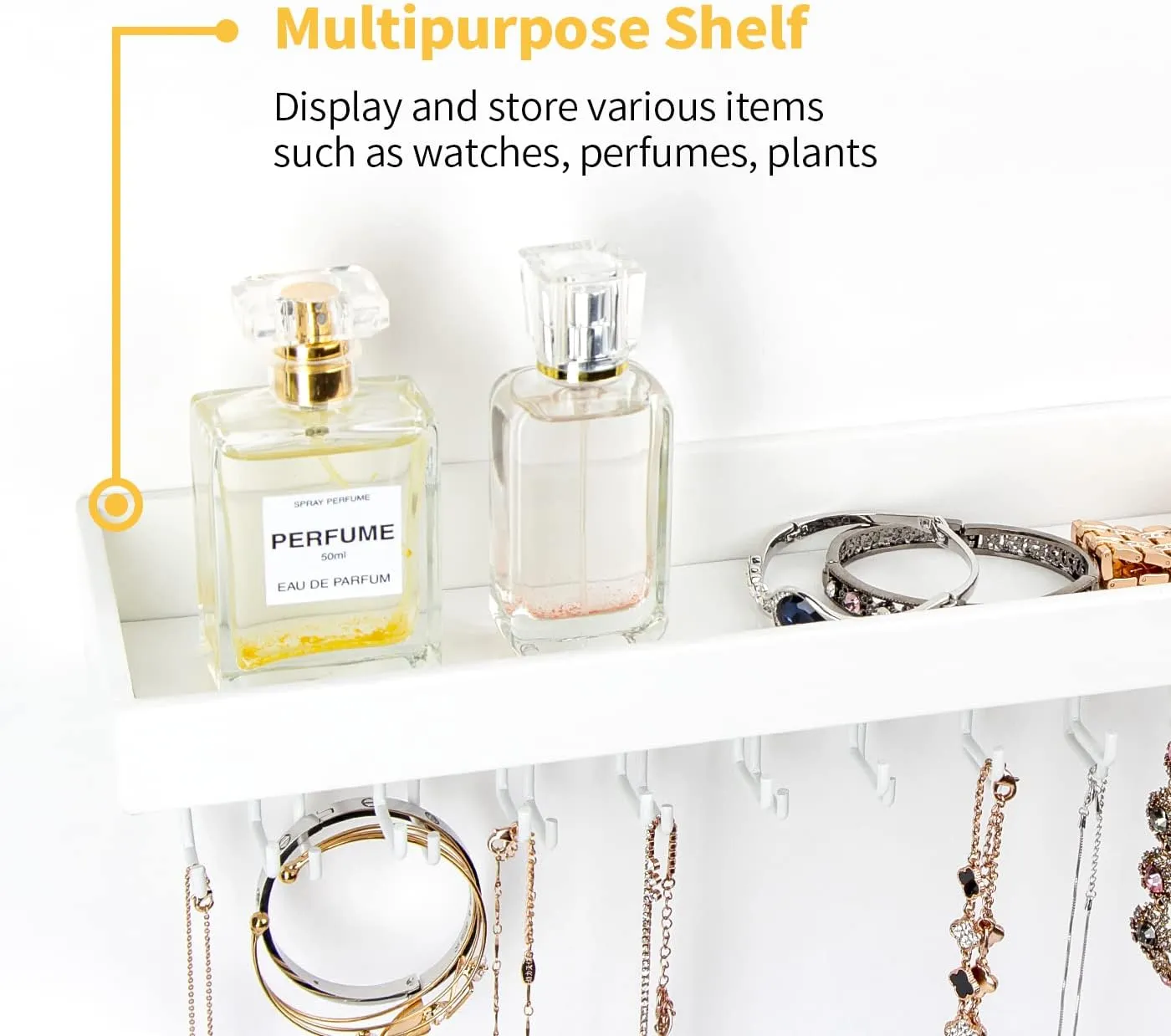 Jewelry Organizer Necklace Holder with 23 Hooks, Wall Mounted Necklaces Bracelet Earrings Ring Holder Hanger with Shelf for Perfume Aesthetic Room Decor (White, 14.37 x 2.95 x 3.86 inches) - MK208C
