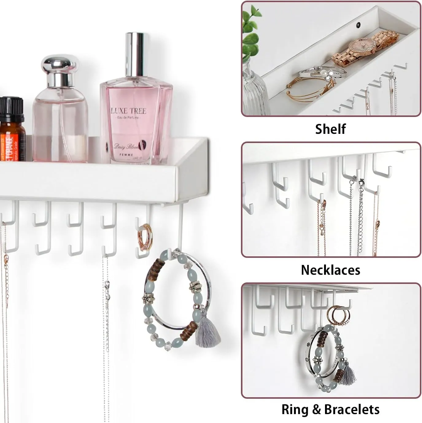 Jewelry Organizer Necklace Holder with 23 Hooks, Wall Mounted Necklaces Bracelet Earrings Ring Holder Hanger with Shelf for Perfume Aesthetic Room Decor (White, 14.37 x 2.95 x 3.86 inches) - MK208C