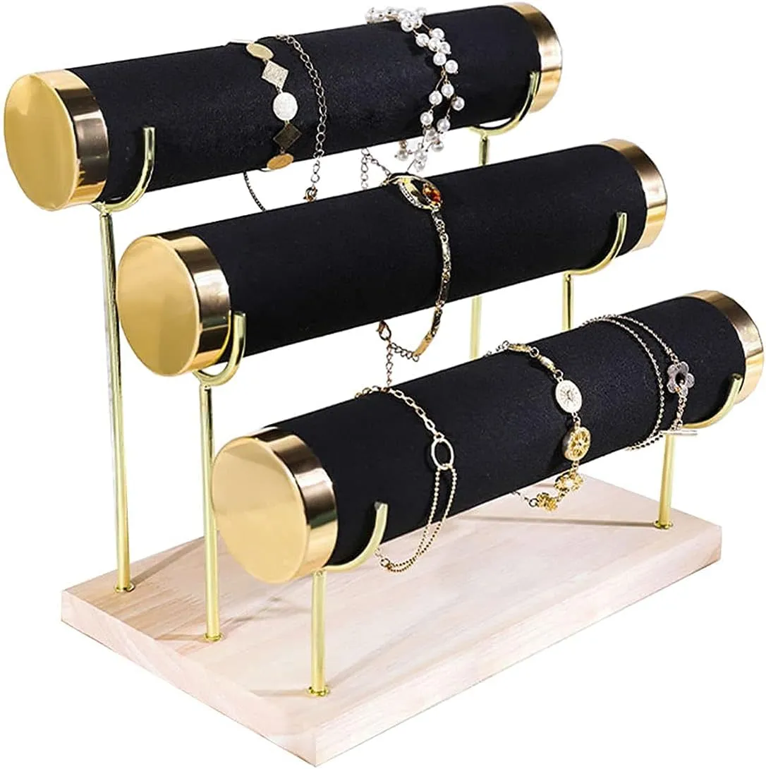 Jewelry Towers with Three Tier Racks, Detachable Black Velvet Gilt-edging Bracelet Display Stand