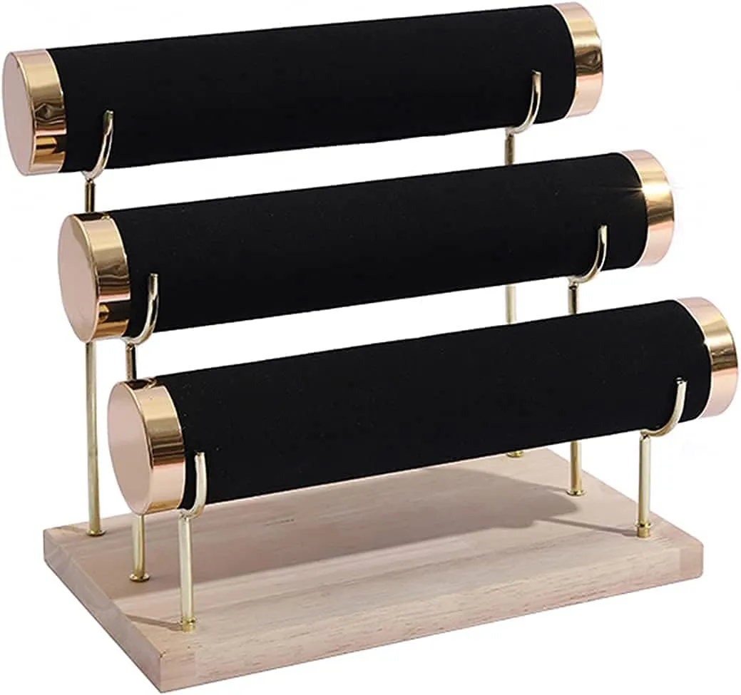 Jewelry Towers with Three Tier Racks, Detachable Black Velvet Gilt-edging Bracelet Display Stand