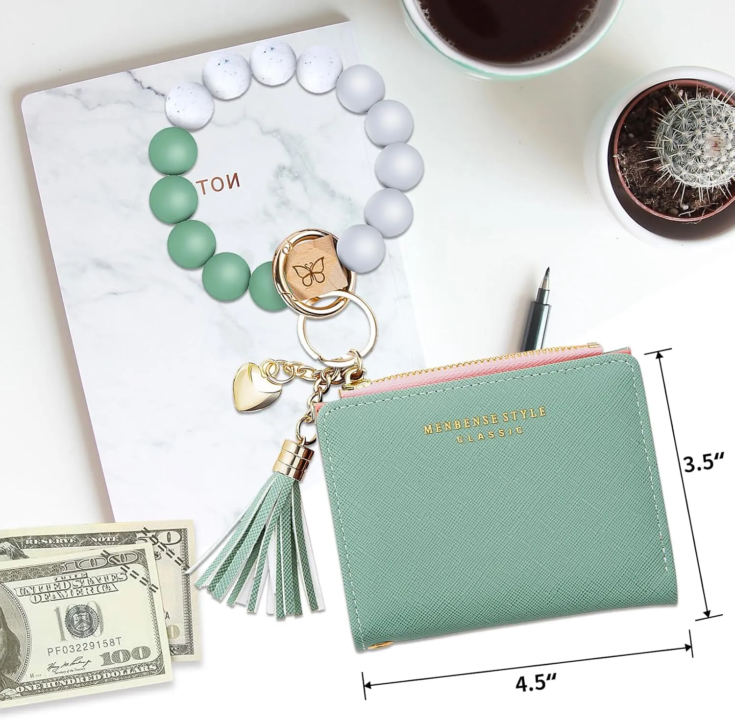 Keychain Bracelet Wristlet with Wallet Card Holder Pocket,Tassel Keychain Bangle Key Ring for Women