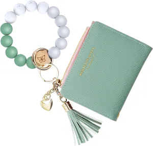 Keychain Bracelet Wristlet with Wallet Card Holder Pocket,Tassel Keychain Bangle Key Ring for Women