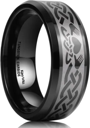 King Will Classic Men's 8mm Black Tungsten Carbide Ring Laser Irish Claddagh Engagement Polish Wedding Band