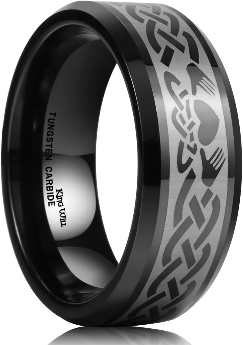King Will Classic Men's 8mm Black Tungsten Carbide Ring Laser Irish Claddagh Engagement Polish Wedding Band