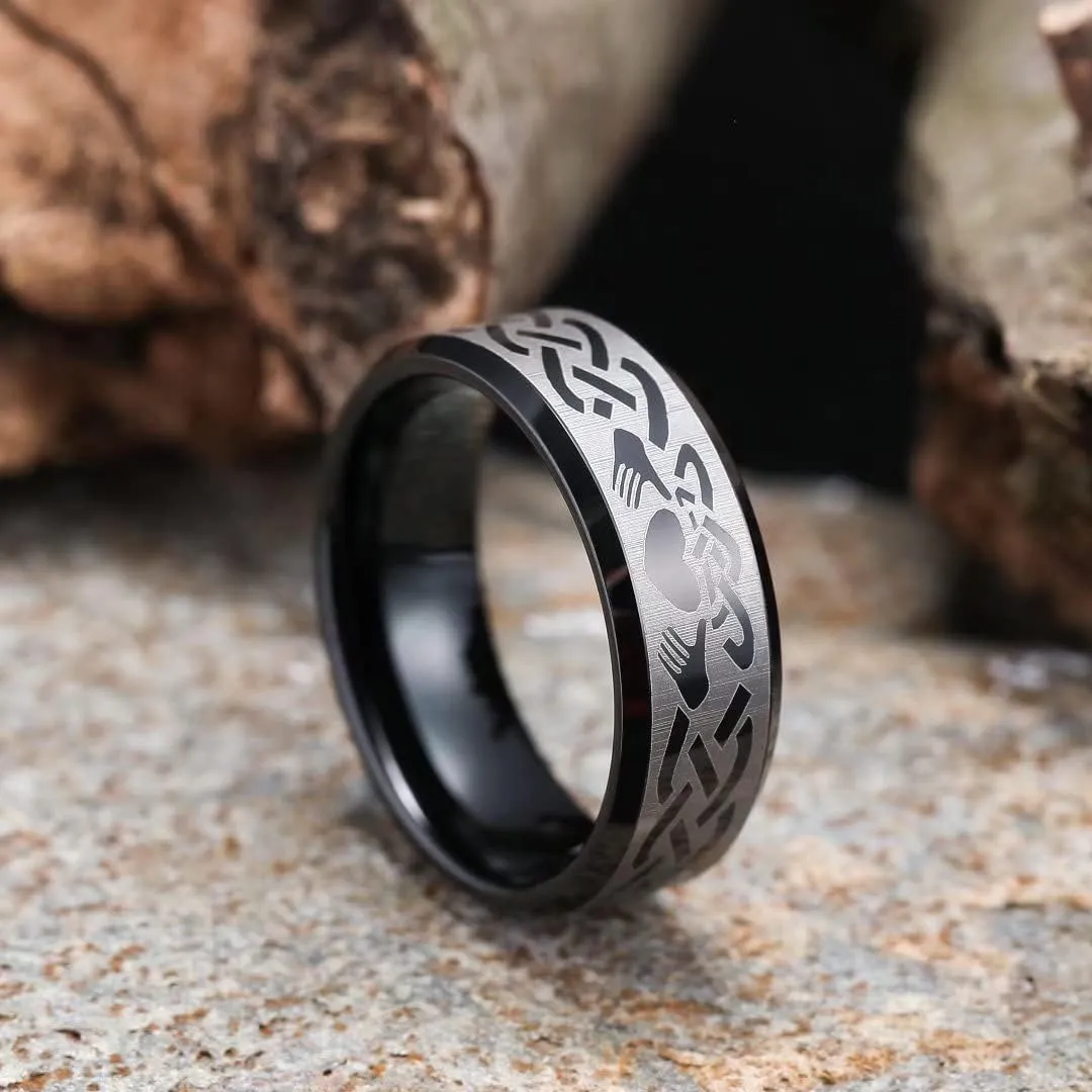 King Will Classic Men's 8mm Black Tungsten Carbide Ring Laser Irish Claddagh Engagement Polish Wedding Band