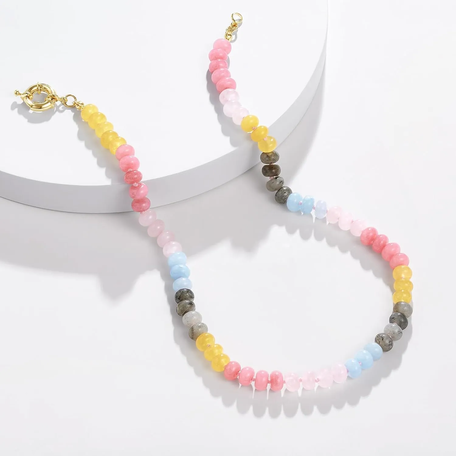 KissYan Beaded Gemstone Necklace for Women, Colorful Boho Bead Choker Natural Stone Surfer Beach Necklaces 14K Gold Plated Summer Handmade Jewelry