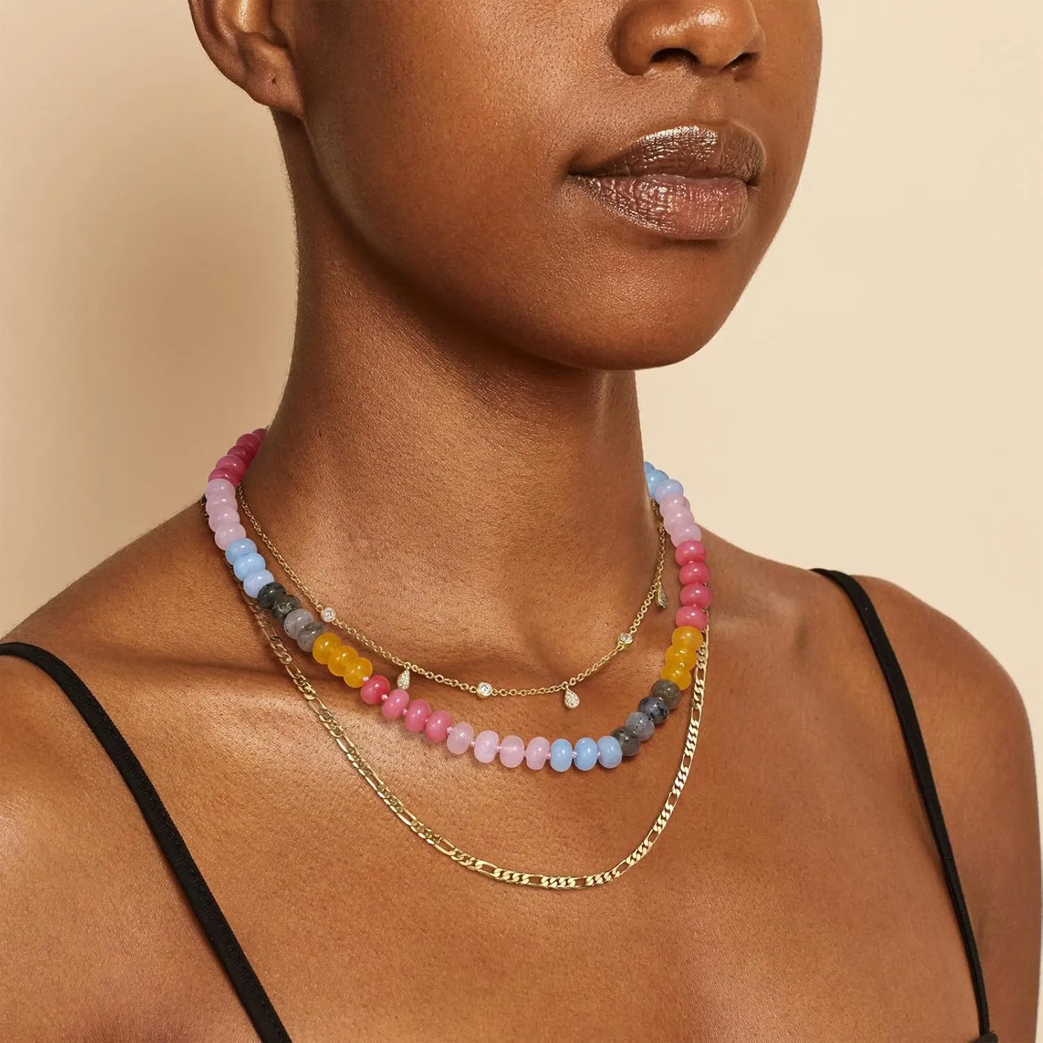 KissYan Beaded Gemstone Necklace for Women, Colorful Boho Bead Choker Natural Stone Surfer Beach Necklaces 14K Gold Plated Summer Handmade Jewelry