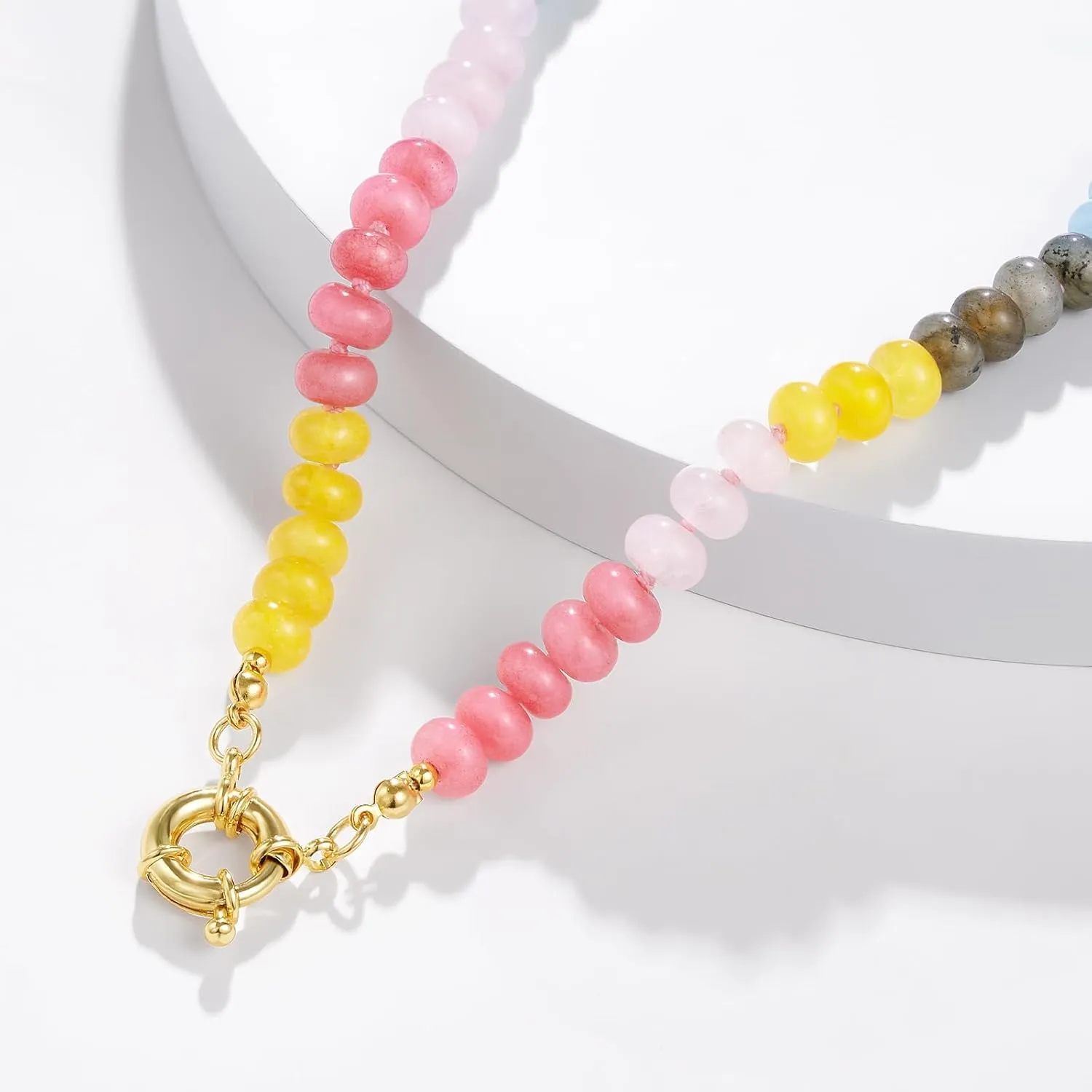 KissYan Beaded Gemstone Necklace for Women, Colorful Boho Bead Choker Natural Stone Surfer Beach Necklaces 14K Gold Plated Summer Handmade Jewelry