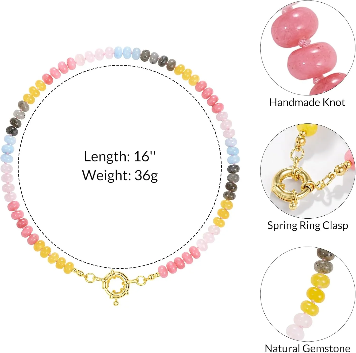 KissYan Beaded Gemstone Necklace for Women, Colorful Boho Bead Choker Natural Stone Surfer Beach Necklaces 14K Gold Plated Summer Handmade Jewelry