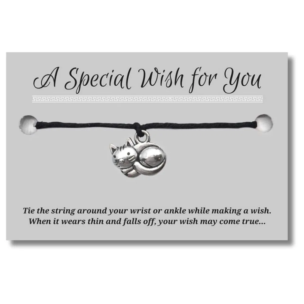 Kitty Cat Black Wish Bracelet, Hemp with Silver Tone Charm on Printed Card, Adjustable Size up to 12 inches, Unisex Friendship Bracelet, Kitten Owner and Pet Lover Gift