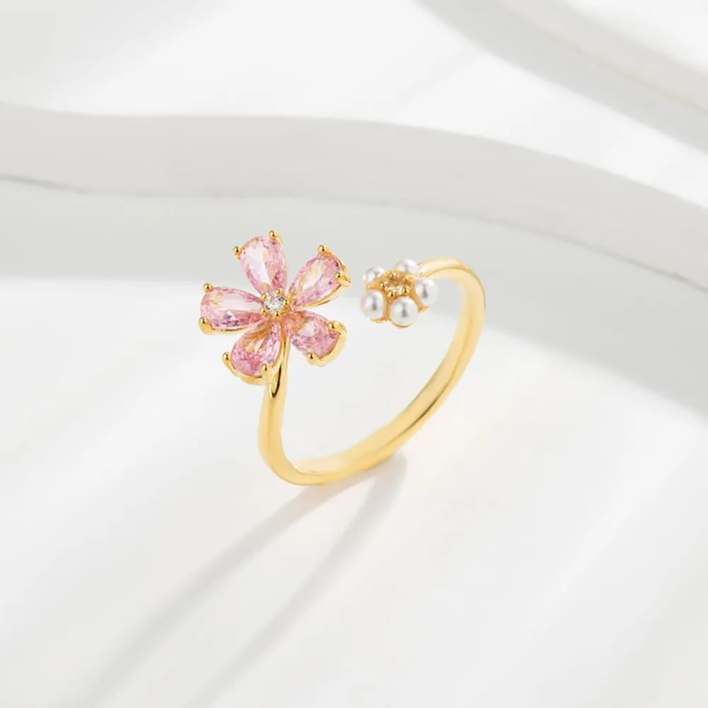 Kokoma Dainty Flower Ring for Women Sparkling Cubic Zirconia Daisy Open Statement Rings Pearl Chic Engagement Promise Ring Wrap Finger Band