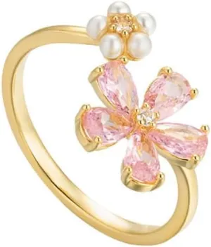 Kokoma Dainty Flower Ring for Women Sparkling Cubic Zirconia Daisy Open Statement Rings Pearl Chic Engagement Promise Ring Wrap Finger Band
