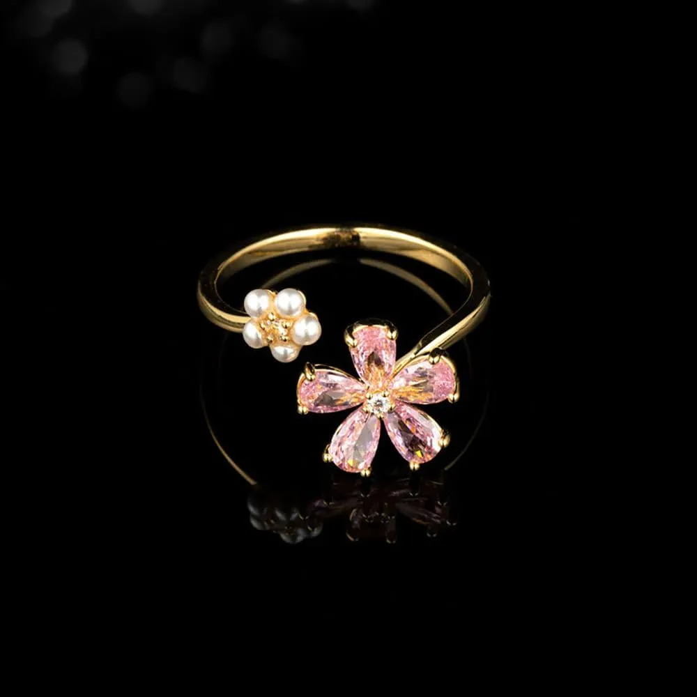 Kokoma Dainty Flower Ring for Women Sparkling Cubic Zirconia Daisy Open Statement Rings Pearl Chic Engagement Promise Ring Wrap Finger Band