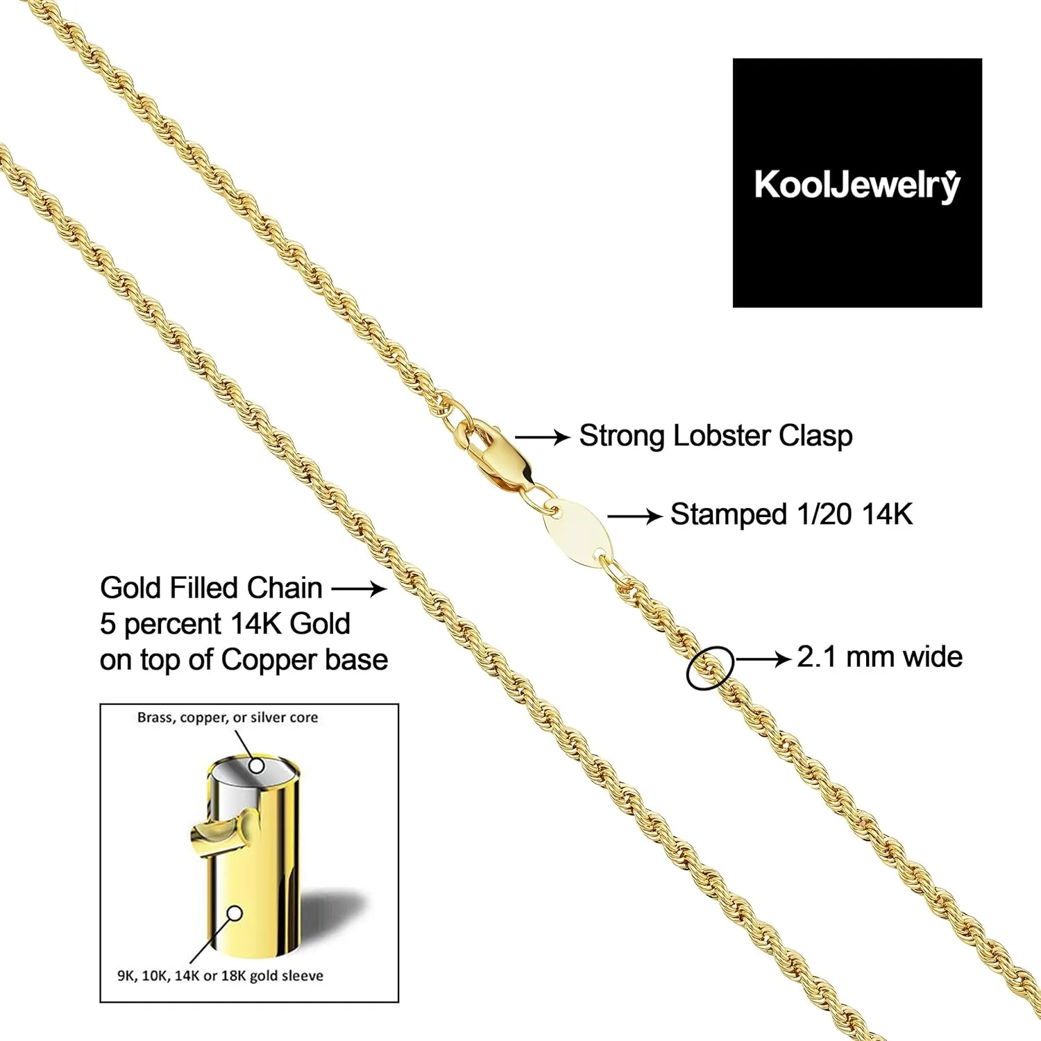 Kooljewelry Solid 14k Yellow Gold Filled Rope Chain Necklace for Men and Women (2.1 mm, 3.2 mm, 4.2 mm or 6 mm)
