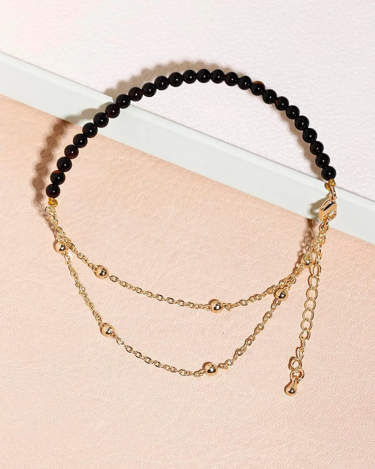 Layered 14k Gold Plated Chain Anklet Adjustable Agate Beaded Ankle Bracelets for Women Foot Summer Beach Jewelry Gifts