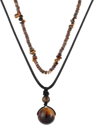 Layered Boho Beaded Necklace for Women Earthy Coconut Shell Wooden Tigers Eye Beads Necklace Summer Beach Hawaiian Surfer Choker Necklace for Men