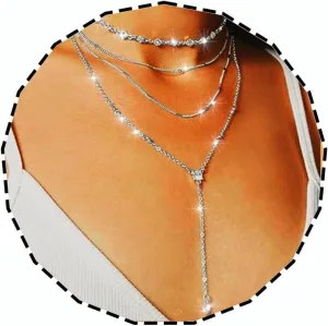 Layered Y Necklace Silver Sparkly Rhinestone Necklaces Long Elegant Neck Jewelry for Women