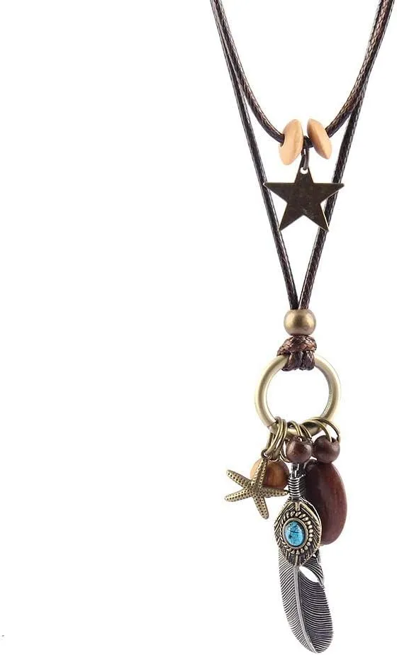 Les umes Vintage Necklace Wooden Pendant Long Necklaces for Women Boho Ethnic Style Handmade Jewelry