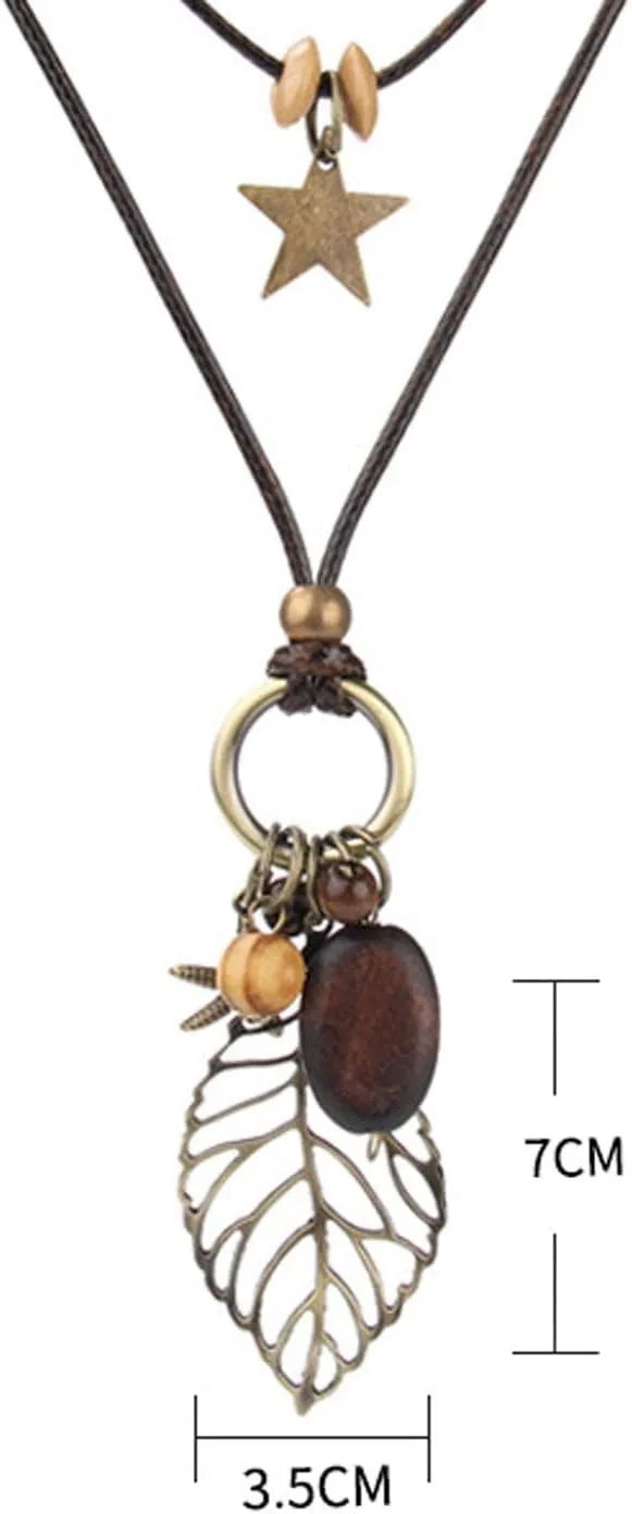 Les umes Vintage Necklace Wooden Pendant Long Necklaces for Women Boho Ethnic Style Handmade Jewelry