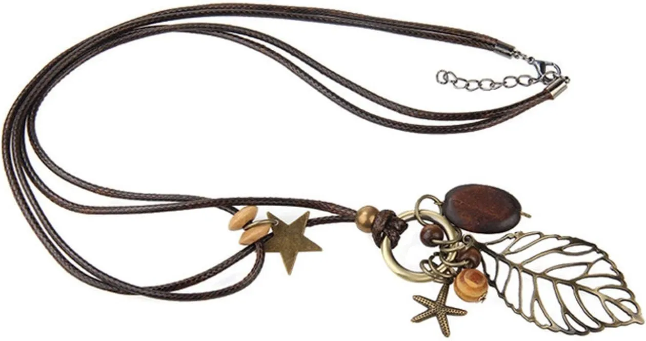 Les umes Vintage Necklace Wooden Pendant Long Necklaces for Women Boho Ethnic Style Handmade Jewelry