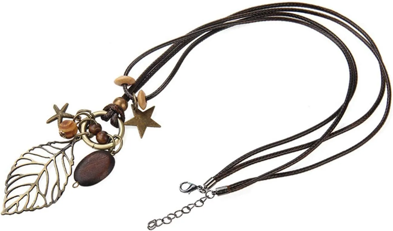 Les umes Vintage Necklace Wooden Pendant Long Necklaces for Women Boho Ethnic Style Handmade Jewelry