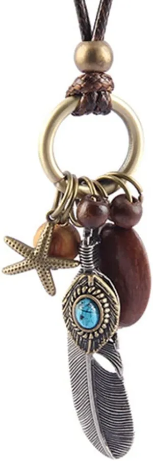 Les umes Vintage Necklace Wooden Pendant Long Necklaces for Women Boho Ethnic Style Handmade Jewelry