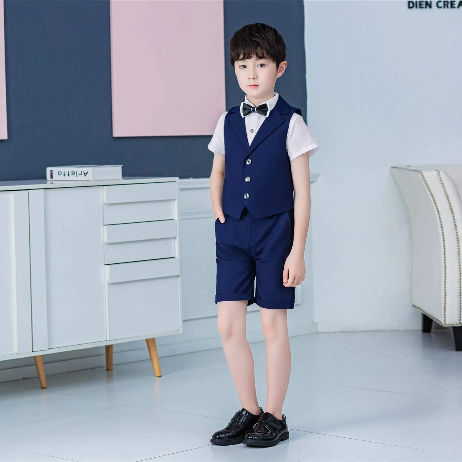 LOLANTA Boys Vest Tuxedo Suit Wedding Ring Bearer Outfits 4PCs Dress Clothes Vest Shirt Shorts Bow Tie