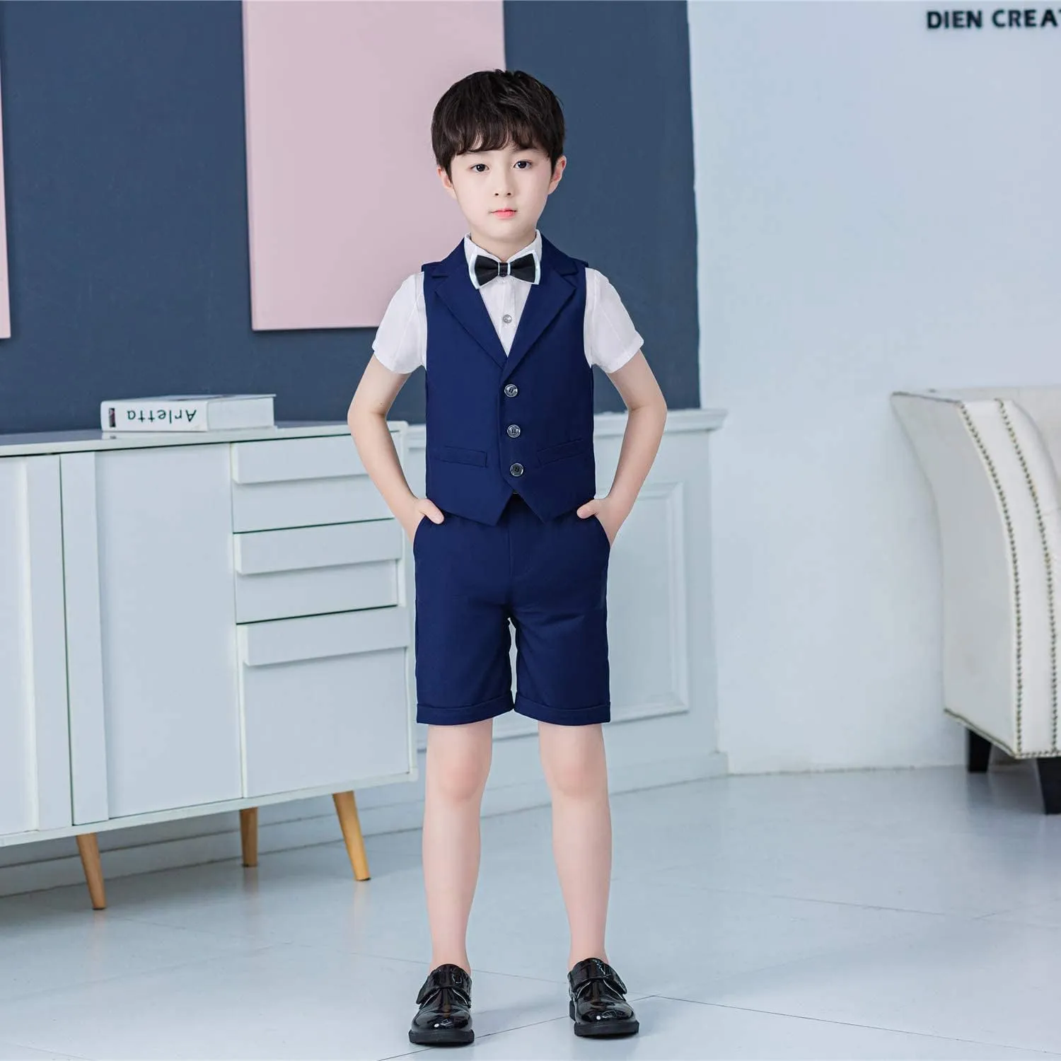 LOLANTA Boys Vest Tuxedo Suit Wedding Ring Bearer Outfits 4PCs Dress Clothes Vest Shirt Shorts Bow Tie